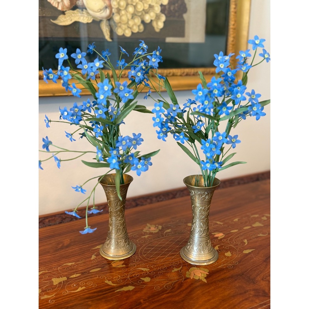 Vintage‎ Brass Bud Vases / Candle Holders – Hand-Etched Pair 5"